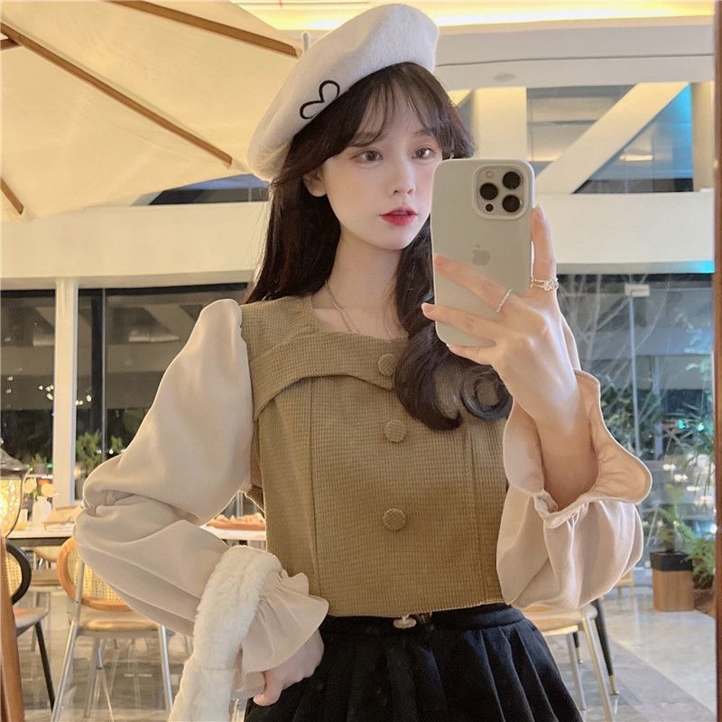 Áo Sơ Mi Tay Dài Cổ Vuông Phong Cách Retro Thời Trang 2022 Cho Nữ