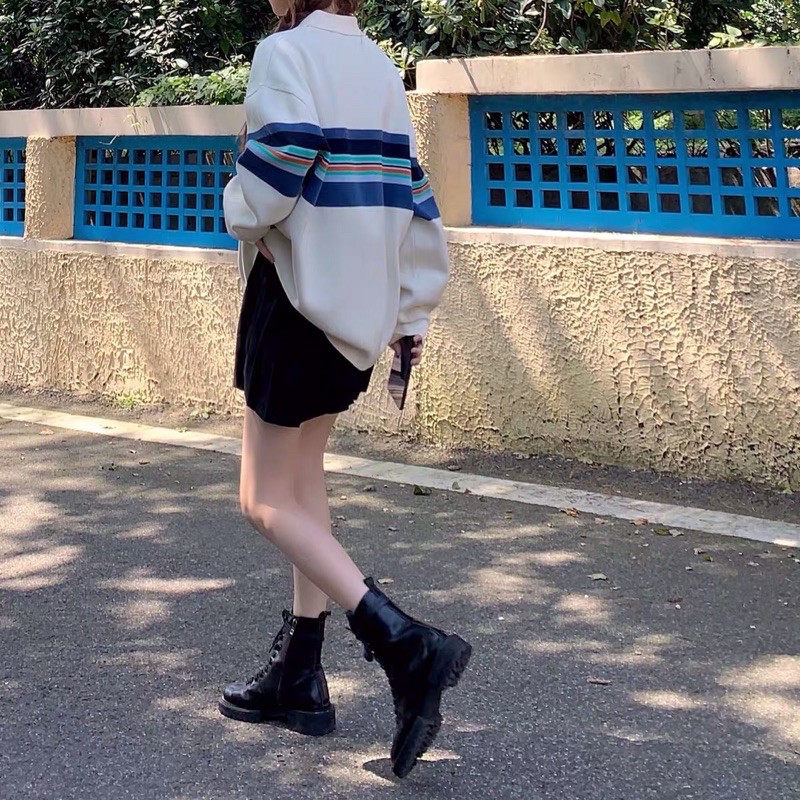 [CÓ SẴN] Áo sweater Polo Huzca sọc ngang tone lạnh style Hàn Quốc