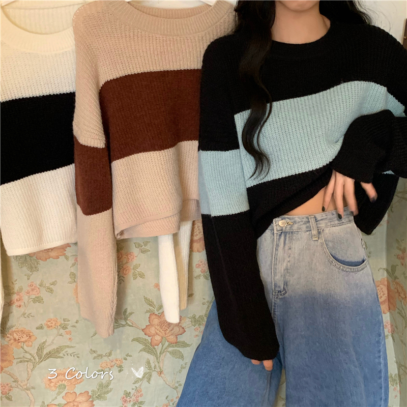 Áo sweater dệt kim tay dài dáng rộng kẻ sọc dành cho nữ