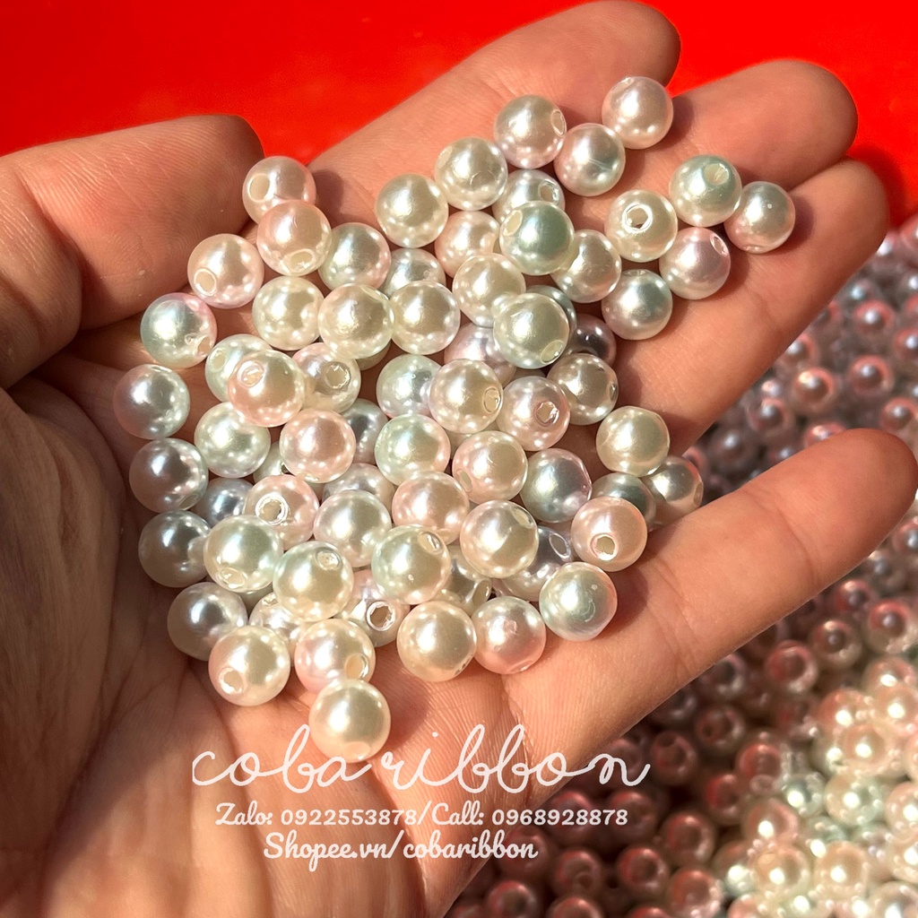 Hạt giả ngọc trai nhựa loang màu, HÀNG ĐẸP, CÓ LỖ XỎ, cực sáng bóng, nhiều màu, size từ 6mm đến 10mm