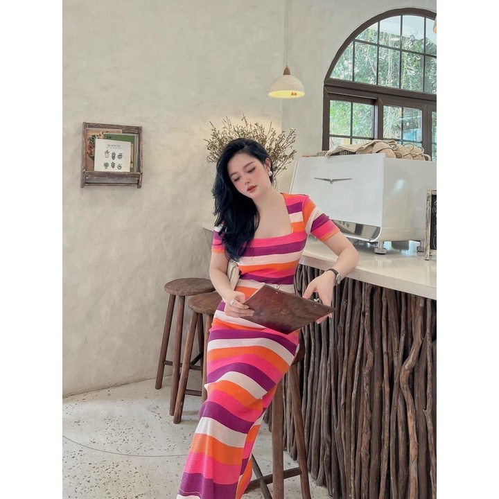 Đầm Body Sọc Ngang Cổ Vuông Thun Lạnh