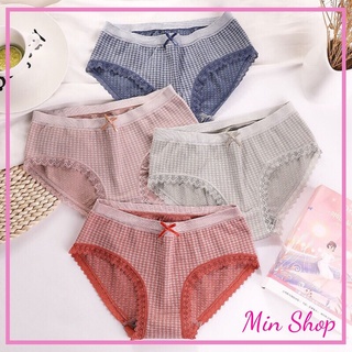 Quần lót nữ - quần lót cotton cạp thấp họa tiết kẻ caro ren viền mềm thoáng mát - MIN SHOP