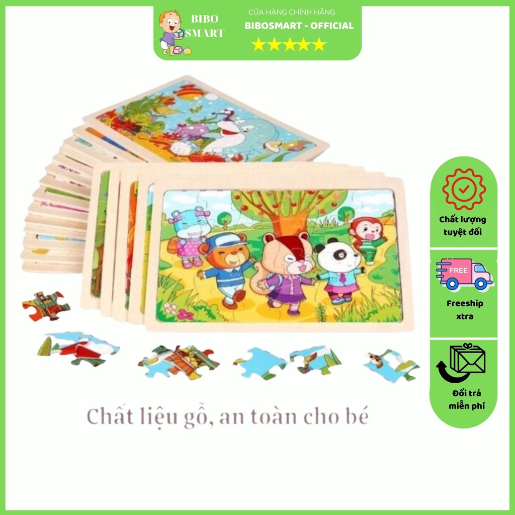 Đồ chơi xếp hình, lắp ráp bằng gỗ 24 chi tiết cho bé nhiều chủ đề ngộ nghĩnh - Puzlle 24 chi tiết BIBOSMART