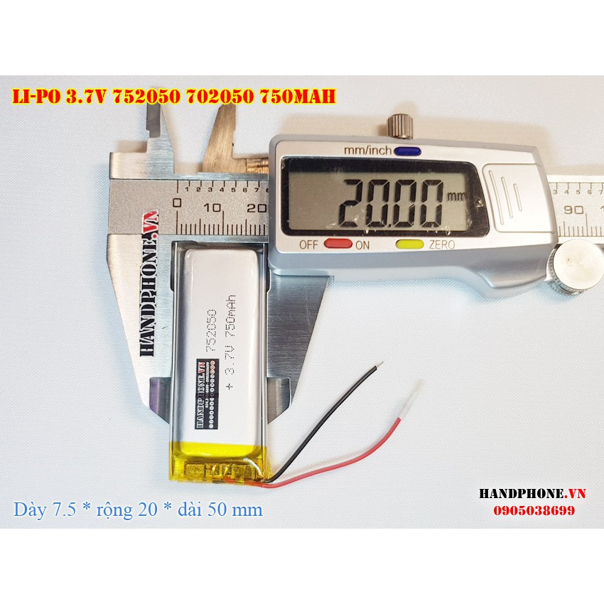 Pin Li-Po 3.7V 752050 702050 750mAh (Lithium Polyme) cho tai loa Bluetooth, Camera hành trình,định vị GPS, thiết bị y tế