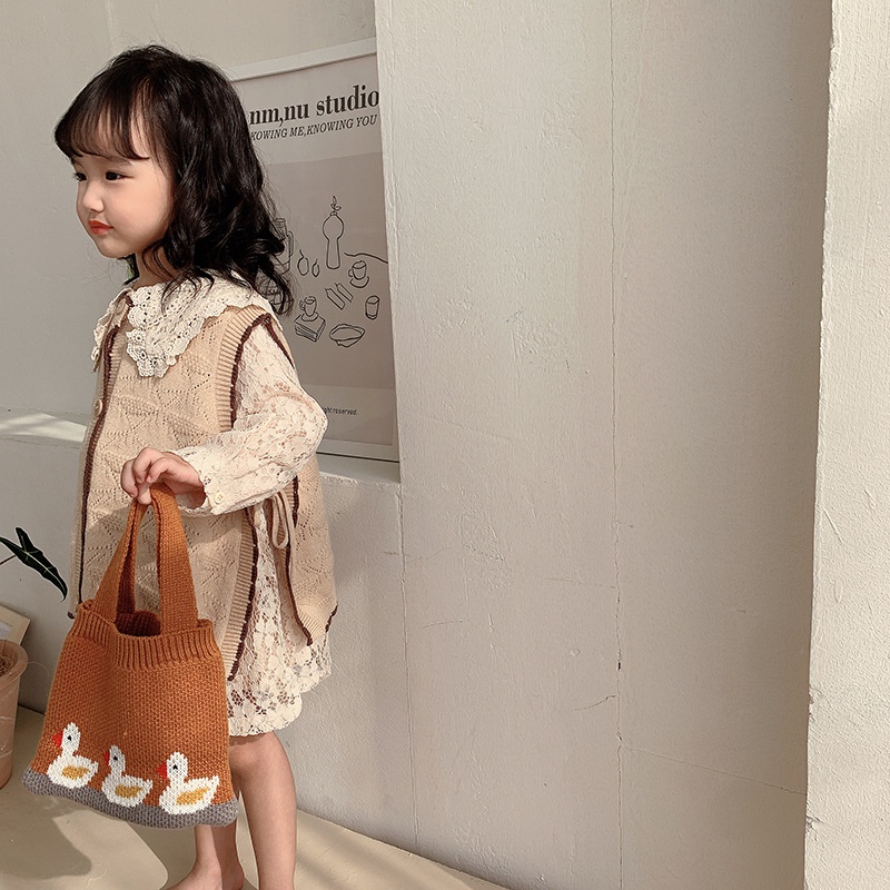 Túi Xách Đeo Vai Đan Len Hình Chú Vịt Hoạt Hình Thời Trang Thu Đông Hàn Quốc Đáng Yêu Dành Cho Trẻ