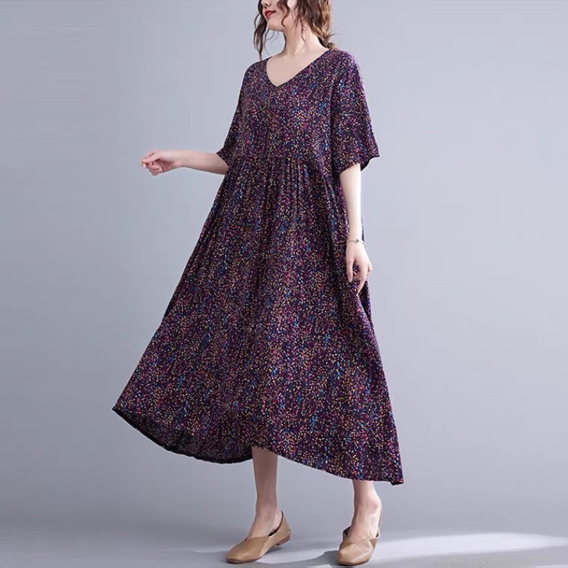 Bigsize dưới 85kg Váy babydoll cổ V hoa tiết trong bé màu sắc, váy bầu mặc được