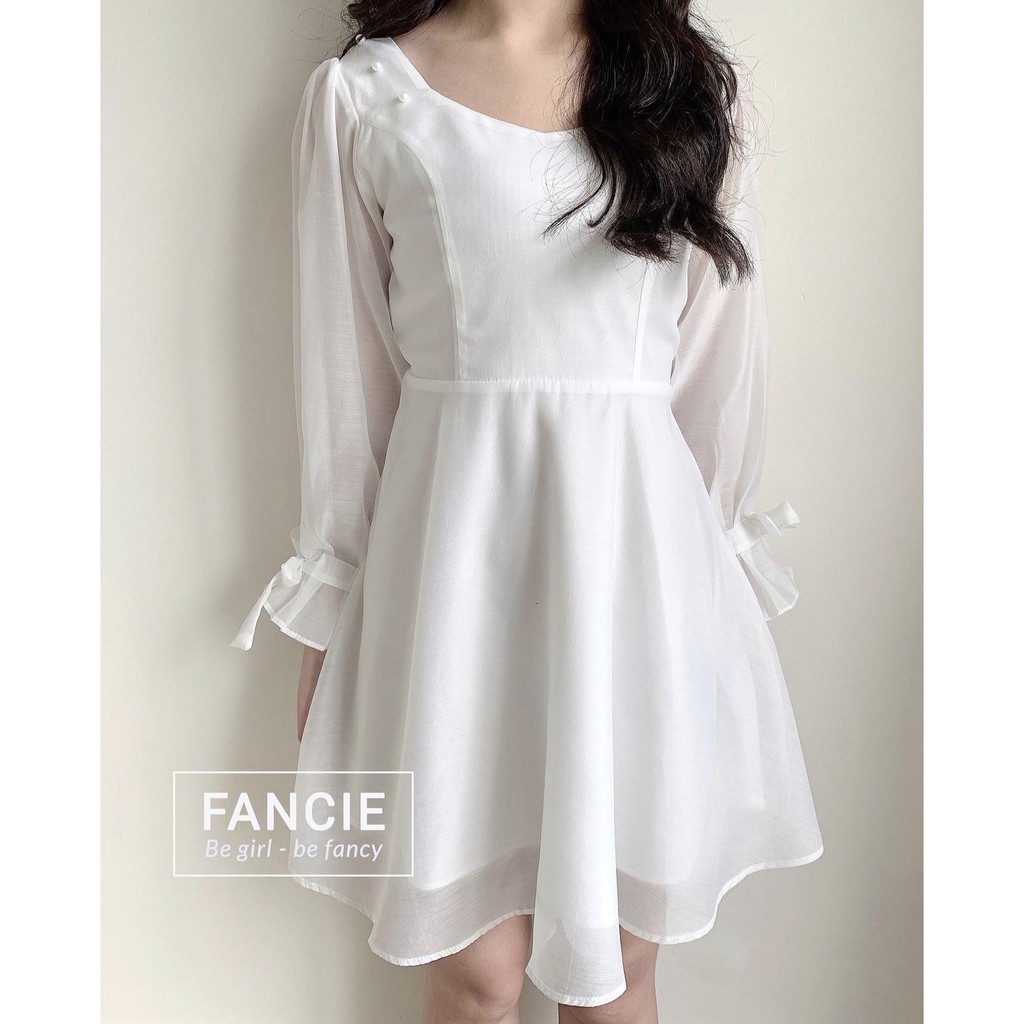 [có video][vải xịn loại 1] Đầm thiết kế đầm nữ trắng dáng xòe dạo phố, dự tiệc rất đẹp phối nút bọc tay nơ | BigBuy360 - bigbuy360.vn