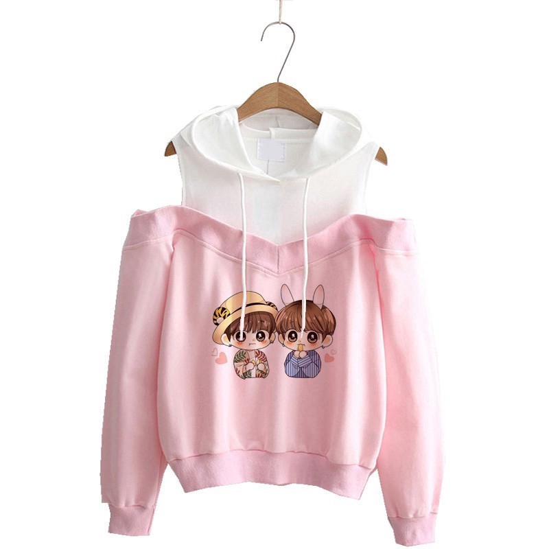 Áo Hoodie Cotton Hở Vai In Hoạt Hình Bt21 Bts Thời Trang Mùa Hè 2019 Cho Nữ