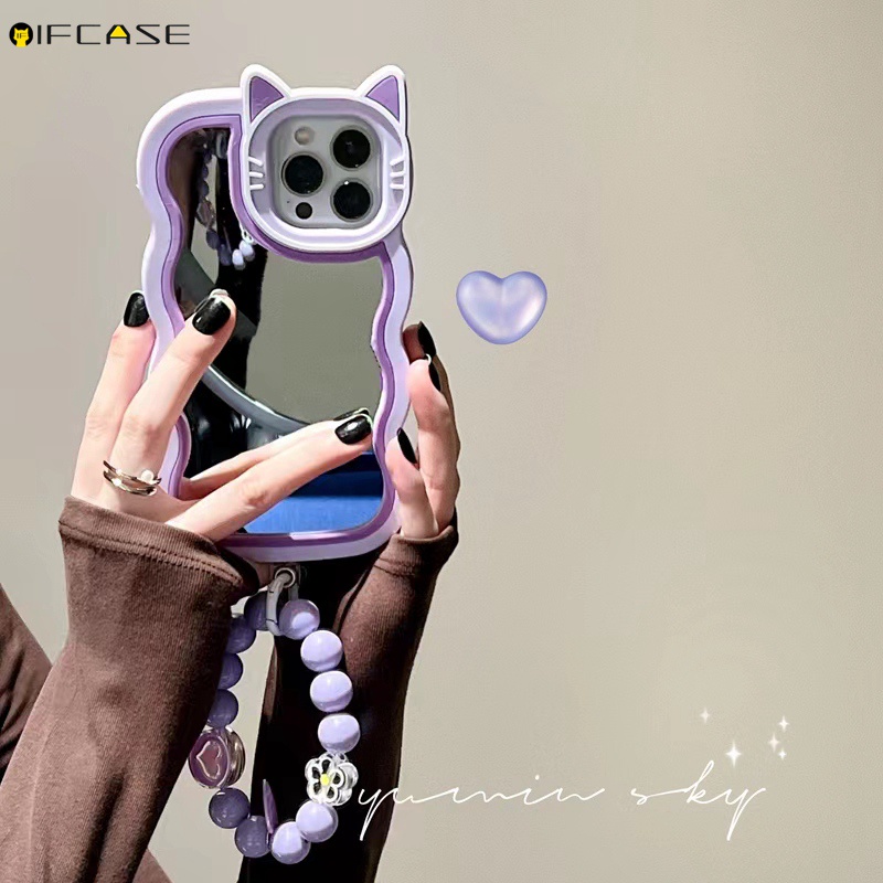 Ốp Điện Thoại Silicon Có Gương Trang Điểm Hình Tai Mèo Cho iPhone 14 Plus 13 12 11 Pro Max XS Max XR X 7 Plus
