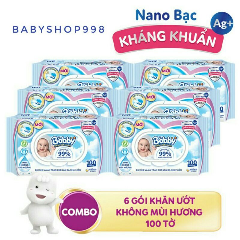 Bộ 6 Gói Khăn Ướt Bobby Nano Bạc Không Mùi Hương 100 Tờ -Hsd Mới Nhất