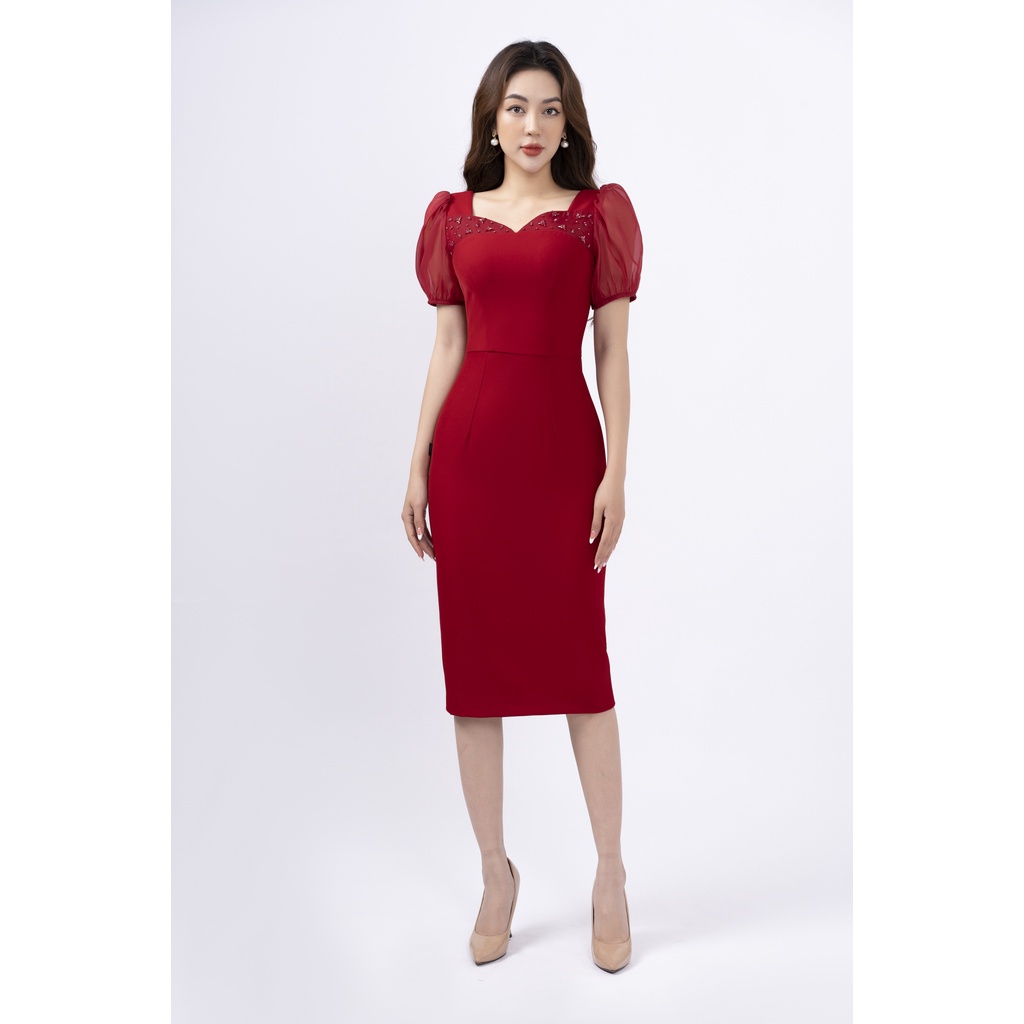 Đầm nữ dáng ôm cổ cách điệu đính pha lê trang trí cầu ngực phối tay ngắn nhún bồng FIONA F452233