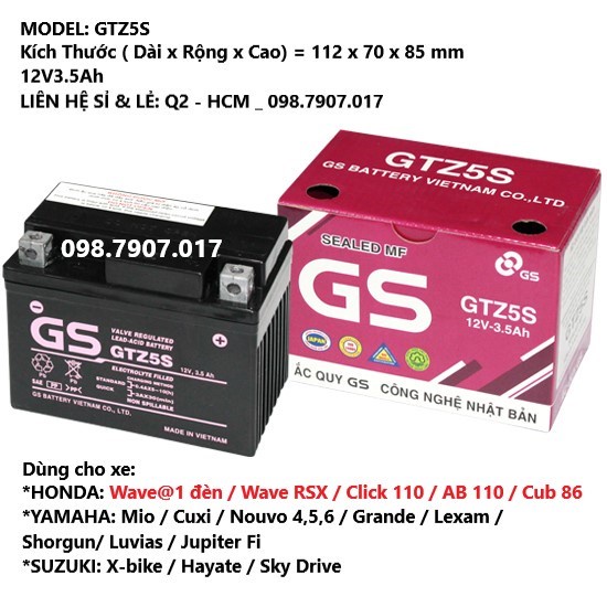 ẮC QUY GS cho xe VISION, WAVE, DREAM, SIRUS, AIR BLABE, WINER, EXITER, SH, ATILA, PIAGIO, CLICK, NOZZA, JUPITER, FUTURE