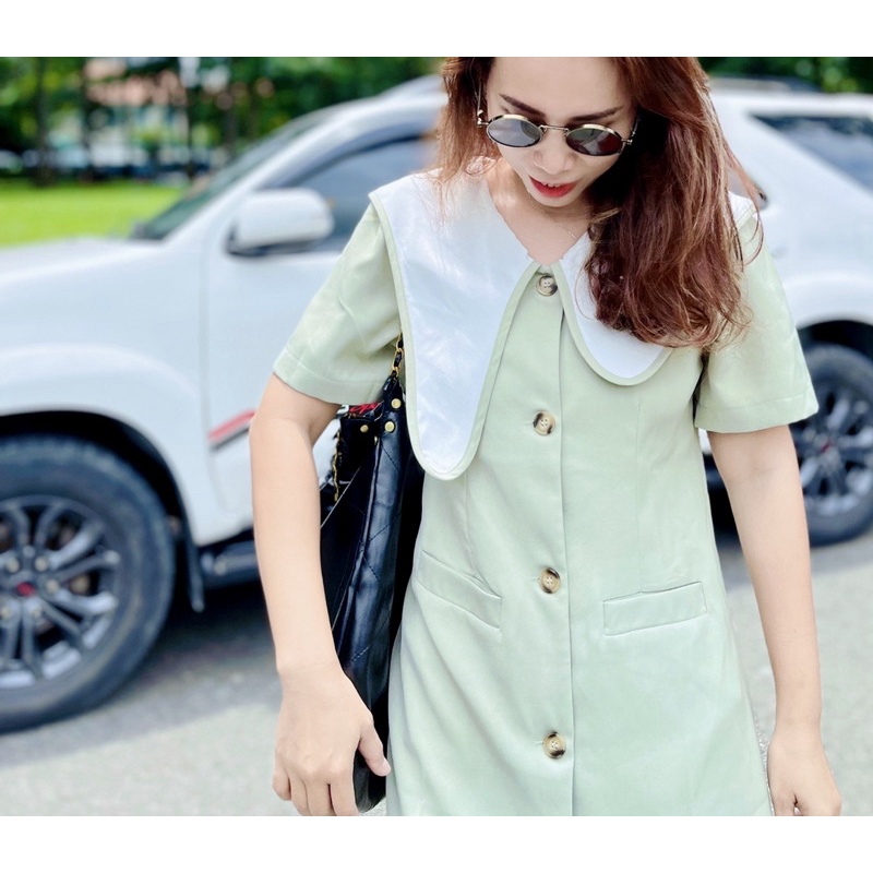 (SALE)Váy suông dáng bút chì màu xanh mint, cổ cách điệu, dây thắt luưng và 2 túi tiện lợi. Đầm tay ngắn có nút doc thân