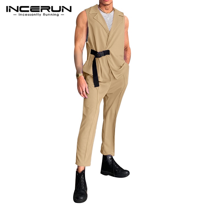 Set áo vest không tay + quần dài INCERUN 3 màu thời trang cho nam