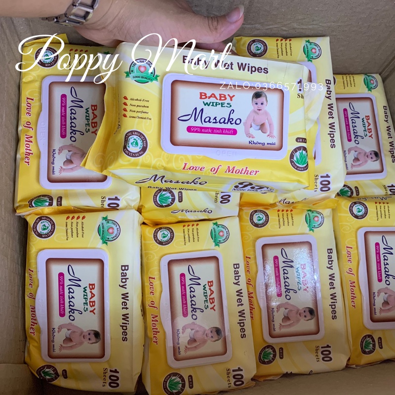 Khăn ướt Masako 99% nước tinh khiết-Không cồn-không mùi-không hóa chất.(An Toàn cho trẻ)