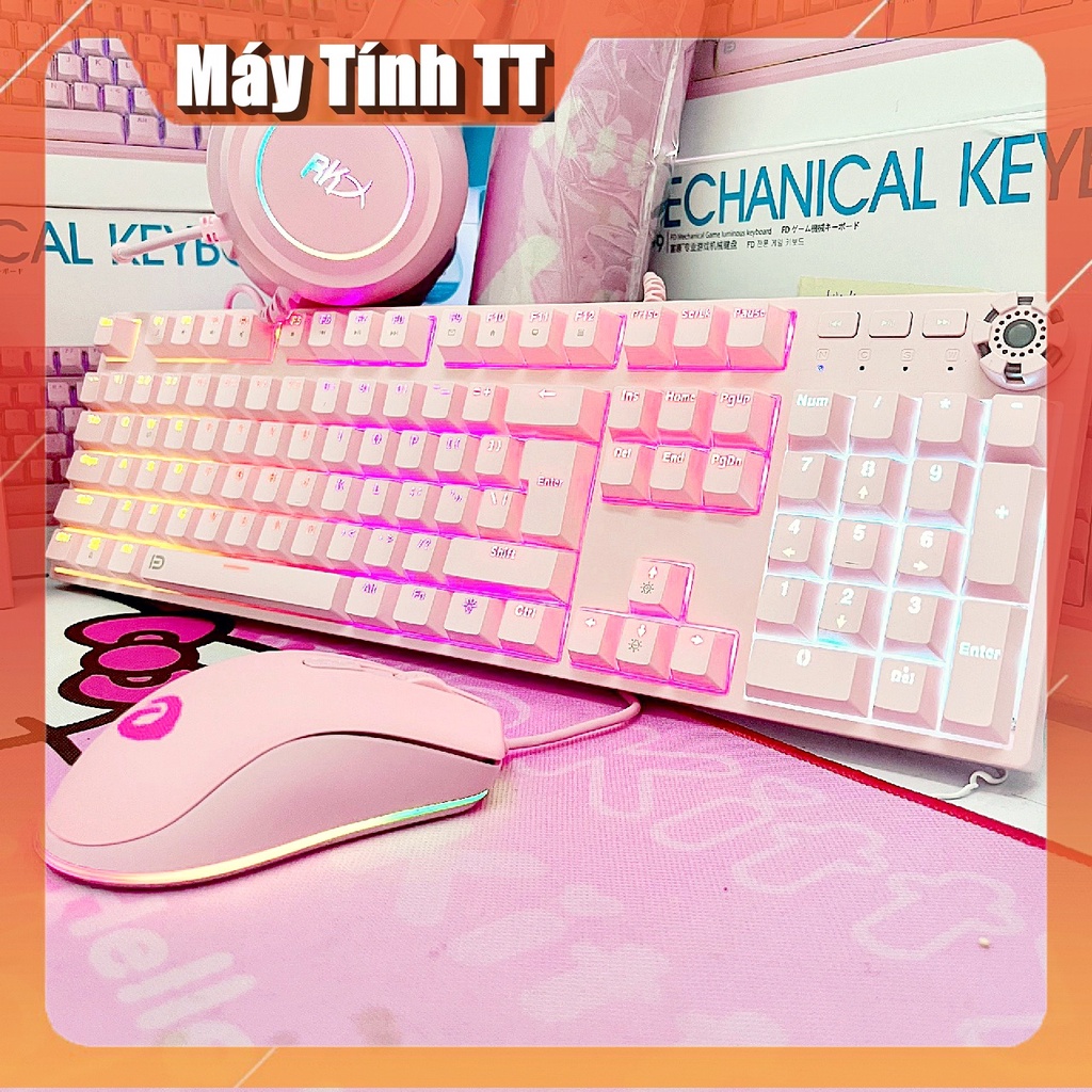 COMBO bàn phím cơ kèm chuột và tai nghe chụp tai MÀU HỒNG gaming LED RGB - TẶNG KÈM BÀN DI CỰC CHẤT  FD619+908+RKX