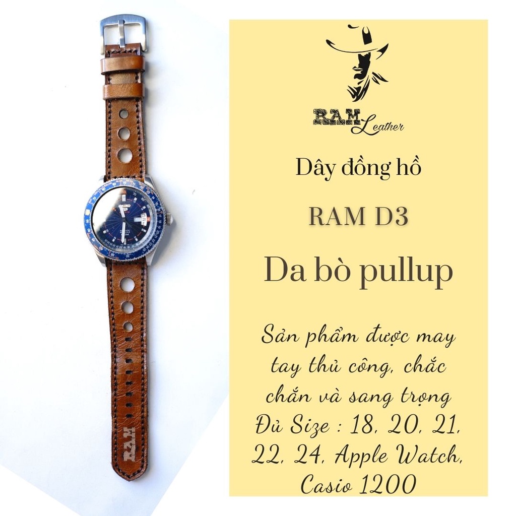 Bộ sưu tập Dây đồng hồ RAM Leather vintage da bò thật size 22mm