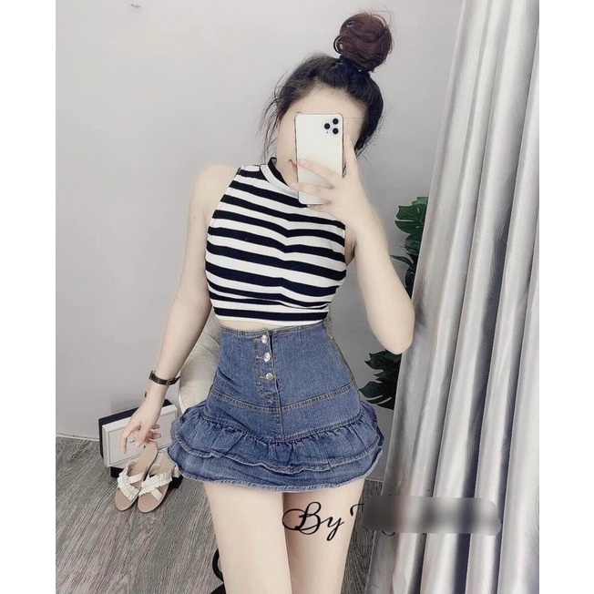 Áo 3 lỗ cổ cao sọc đen trắng from croptop gân tăm co giãn ôm body