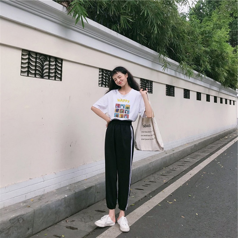 [Siêu Sale] Set Quần Thể Thao Sọc + Áo Thun Tay Lỡ In Nhiệt  Jogger Line Phối Thun Unisex Happy S19 efin studio