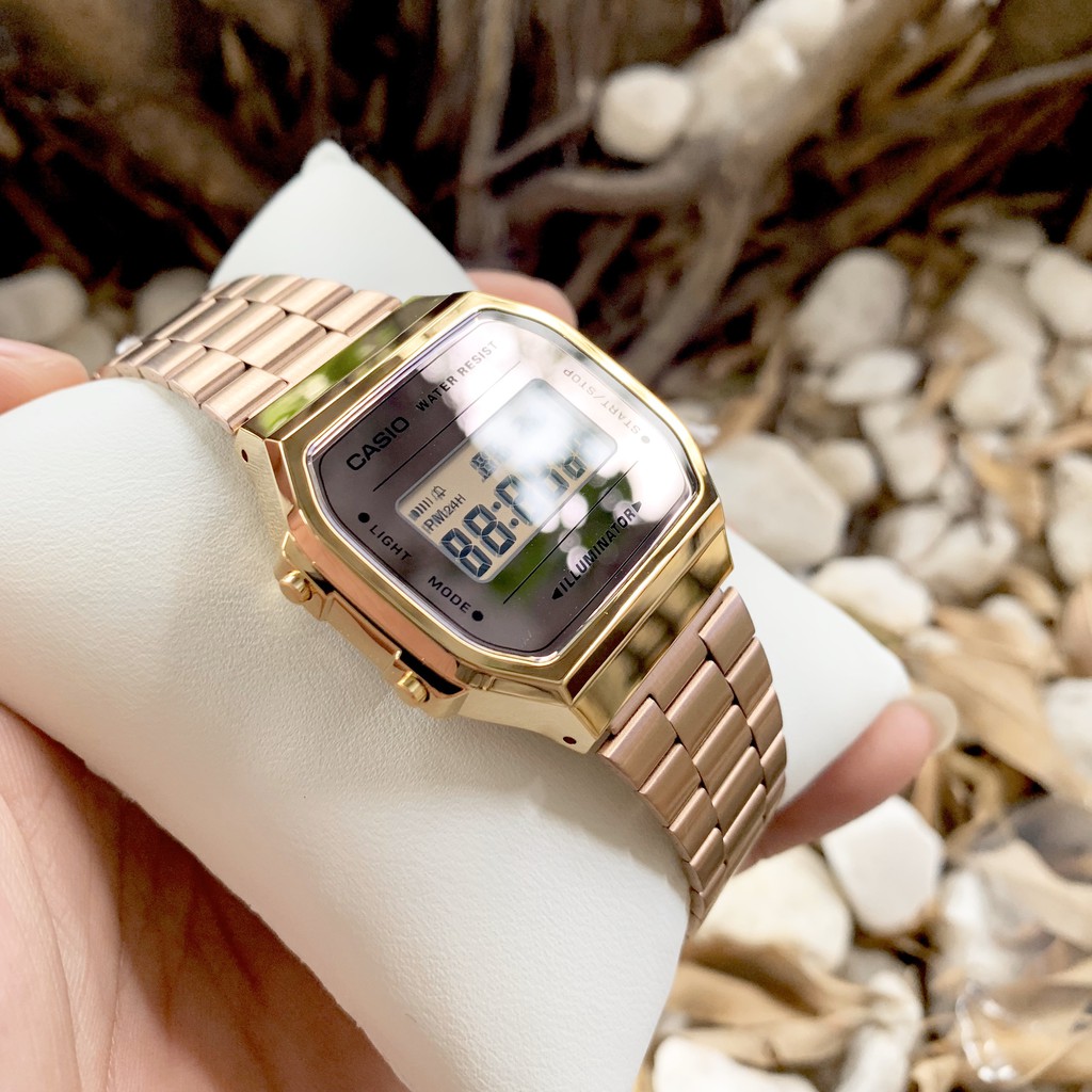 Đồng hồ điện tử nữ dây thép Casio standard A168 Rose Gold