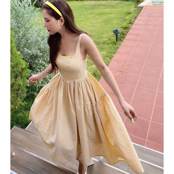 Váy nữ công chúa họa tiết kẻ vuông hai dây dáng dài 🍌🍌 Váy công chúa bồng bềnh 4 màu vàng Hồng xanh lá xanh dương