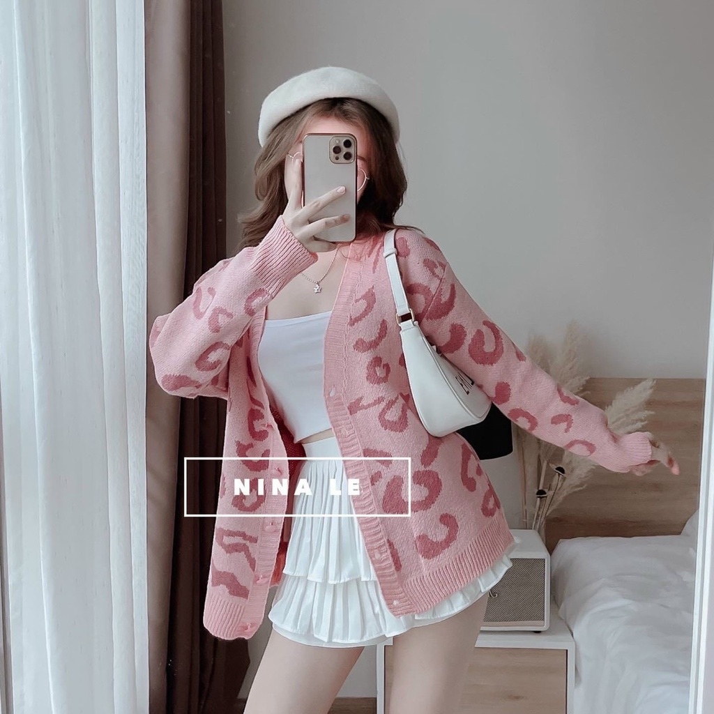 Áo khoác len cadigan báo hồng form rộng xinh LB160