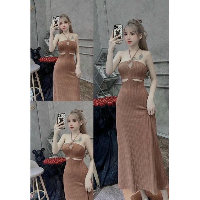 Đầm body khoét eo cúp ngực đan dây lưng  chất thun gân xinh ngất ngây