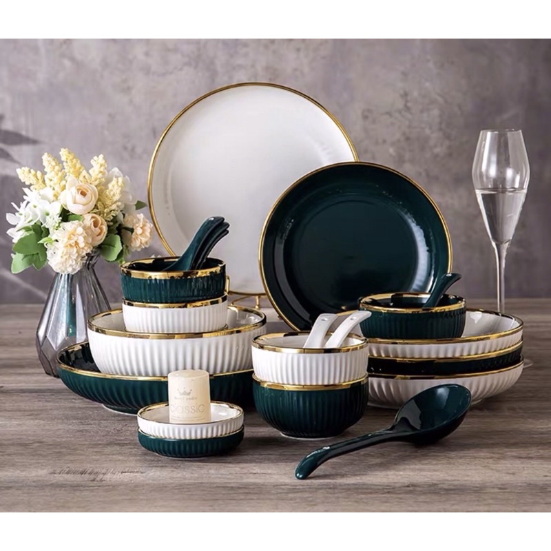 Bộ bát đĩa vân sọc viền vàng xanh mix trắng phong cách Bắc Âu