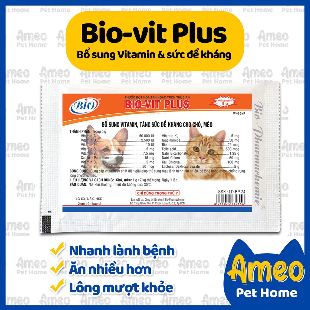 Gói bổ sung vitamin tăng đề kháng chó mèo, bột hoà tan Biovit Plus vitamin và chất điện giải chó mèo gói 5g