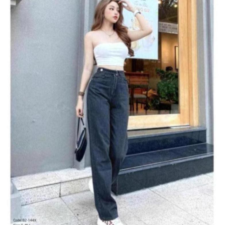 [Ảnh Thật] Quần Jean Nữ Ống Rộng Lưng Cao Dáng Suông Khuy Chéo Hottrend 2021 - TS Jeans Shop Jeans,Crotop,Đầm