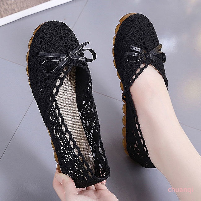Giày Vải Đế Mềm Chống Trượt Phối Lưới Rỗng Kiểu Bắc Kinh Cổ Điển Cho Nữ