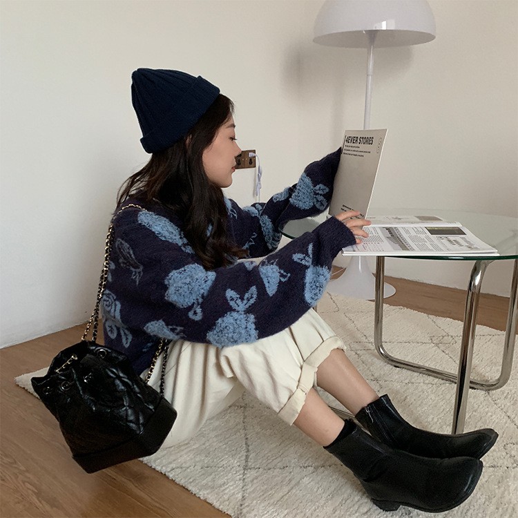Áo Len đan nữ Giữ ấm In hình Họa tiết Hoa 3D Ulzzang Hàn Quốc Áo Len đan nữ Cao cấp Thời trang