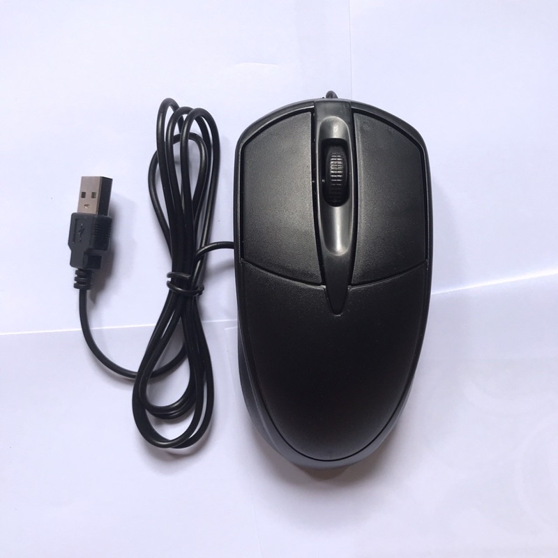 Chuột máy tính có dây màu đen, con lăn chống trượt, cổng kết nối usb, dây dài 1m, vừa gọn bàn tay.