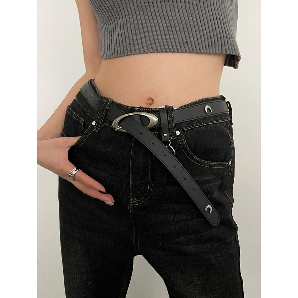 Thắt Lưng Mỏng Màu Đen Mặt Trăng Kim Loại Kiểu Vintage Thời Trang Mùa Hè Cho Nữ