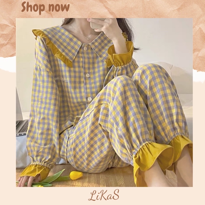 Đồ bộ / Đồ ngủ caro cổ lá sen dáng dài form rộng ngọt ngào