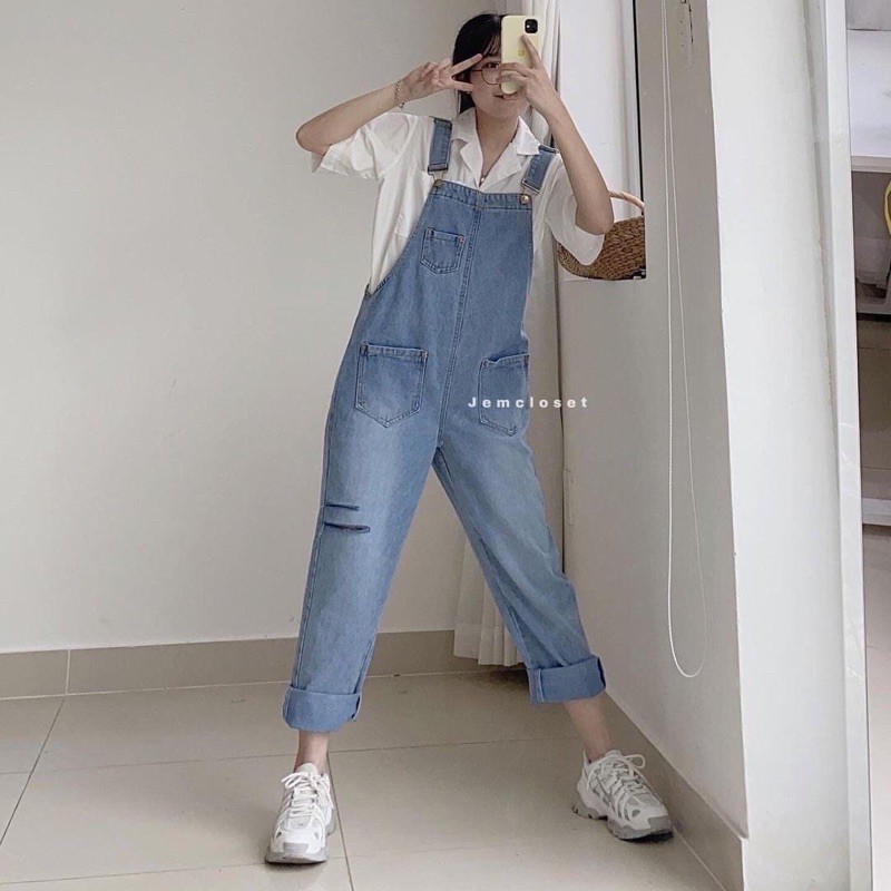 Yếm jean dài nữ phong cách Hàn quốc, Yếm bò nữ ulzzang phối rách gối cá tính năng động - New trend 2021 | BigBuy360 - bigbuy360.vn