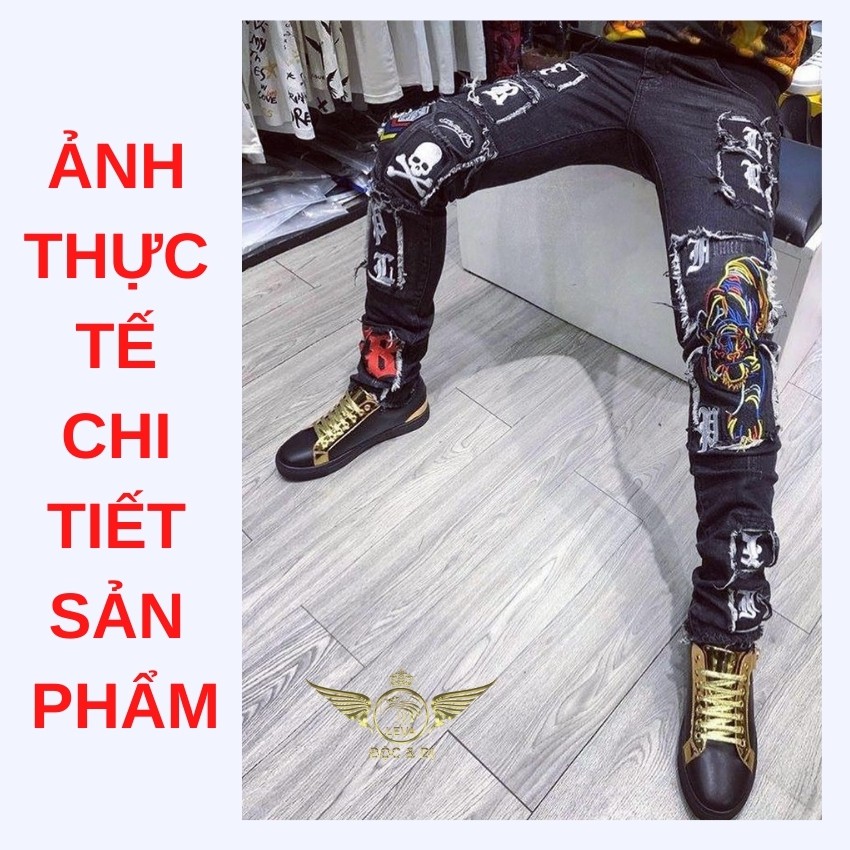 Quần jean nam đẹp rách xước độc lạ LEVANO chất liệu vải bò jeans không co giãn cao cấp thêu mặt hổ đầu nâu QJ011 | BigBuy360 - bigbuy360.vn