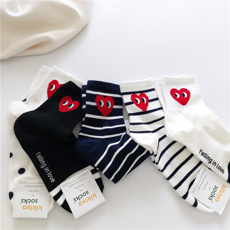 Vớ Cotton Thể Thao Họa Tiết Chấm Bi/ Kẻ Sọc/Hình Trái Tim Màu Đen/ Trắng Phong Cách Đường Phố Nhật Bản Thời Trang Cho Nữ