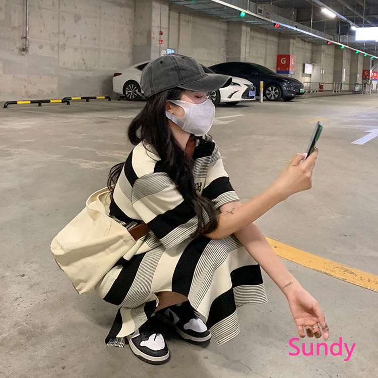 Đầm Tay Ngắn Họa Tiết Kẻ Sọc Phong Cách Hàn Quốc Thời Trang Mùa Thu Xinh Xắn Cho Nữ