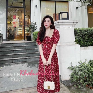 Váy hoa nhí  bầu dáng dài thiết kế có cổ sang chảnh- đầm ầu mặc đi làm đi chơi đều đẹp, sau sinh bon chen V281