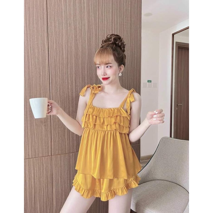 Đồ ngủ sexy, đồ ngủ 2 dây viền bèo, bộ ngủ lụa chất satin mềm - CN08