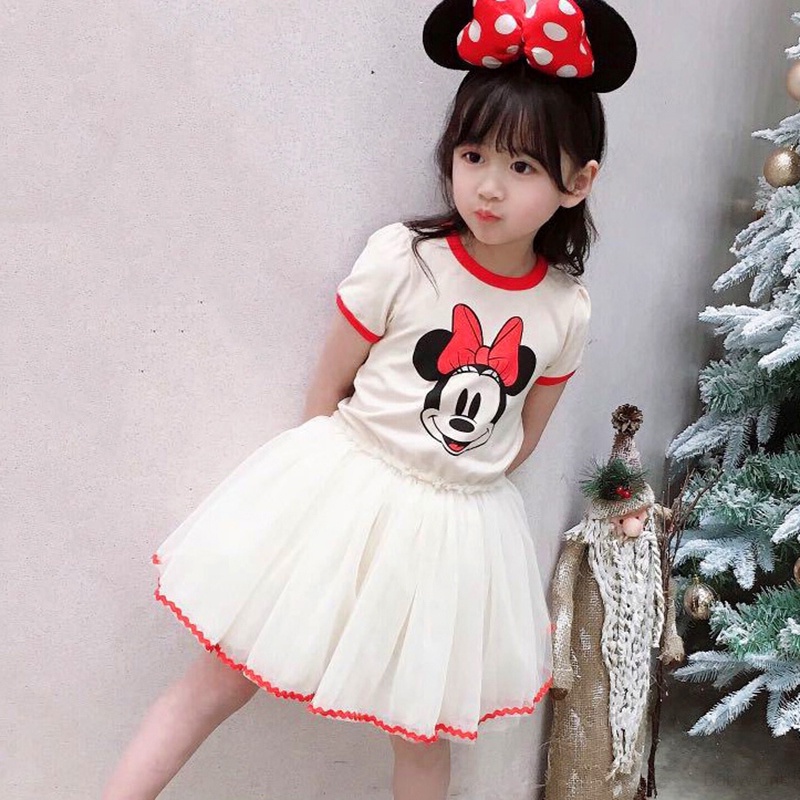 Đầm Công Chúa Tay Ngắn Cổ Tròn Phối Lưới In Họa Tiết Chuột Mickey Hoạt Hình Cho Bé Gái