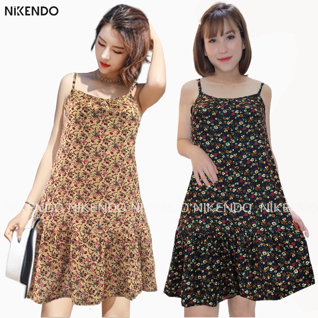 Xả Hàng Váy 2 Dây Hoa Nhí Vải Lanh Quai Buộc – Váy Lanh 2 Dây Dáng Xòe Nikendo VL1