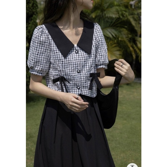 SET ÁO DẠ CARO CỔ VIỀN ĐEN THẮT NƠ TÚI + CHÂN VÁY MIDI ĐEN