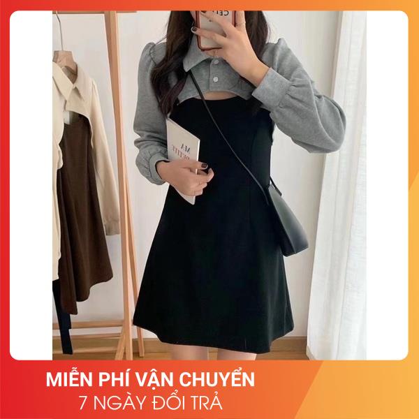 [LOẠI 1-FREESHIP] Set váy đen phối vạt sơ mi xám 24APRIL 🌸 chất len tăm mix nỉ siêu dày dặn 🌸 | BigBuy360 - bigbuy360.vn