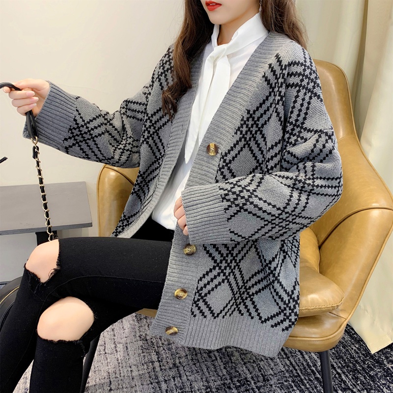 Áo khoác len cardigan len họa tiết ô chéo 3 màu đen, trắng, xám thời trang phong cách Hàn Quốc