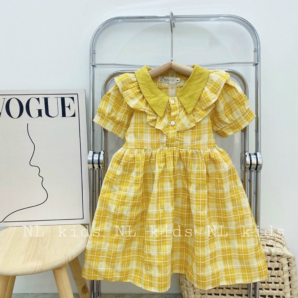 Váy hè cho bé gái size đại phối kẻ màu vàng tôn màu da