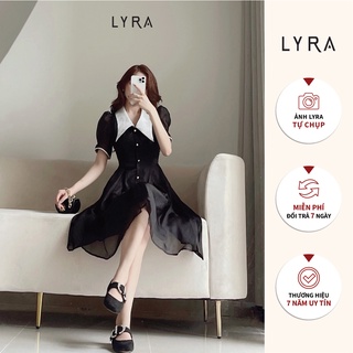 Váy tơ óng đen phối cổ trắng tay viền lyra thiết kế - lwtvd437