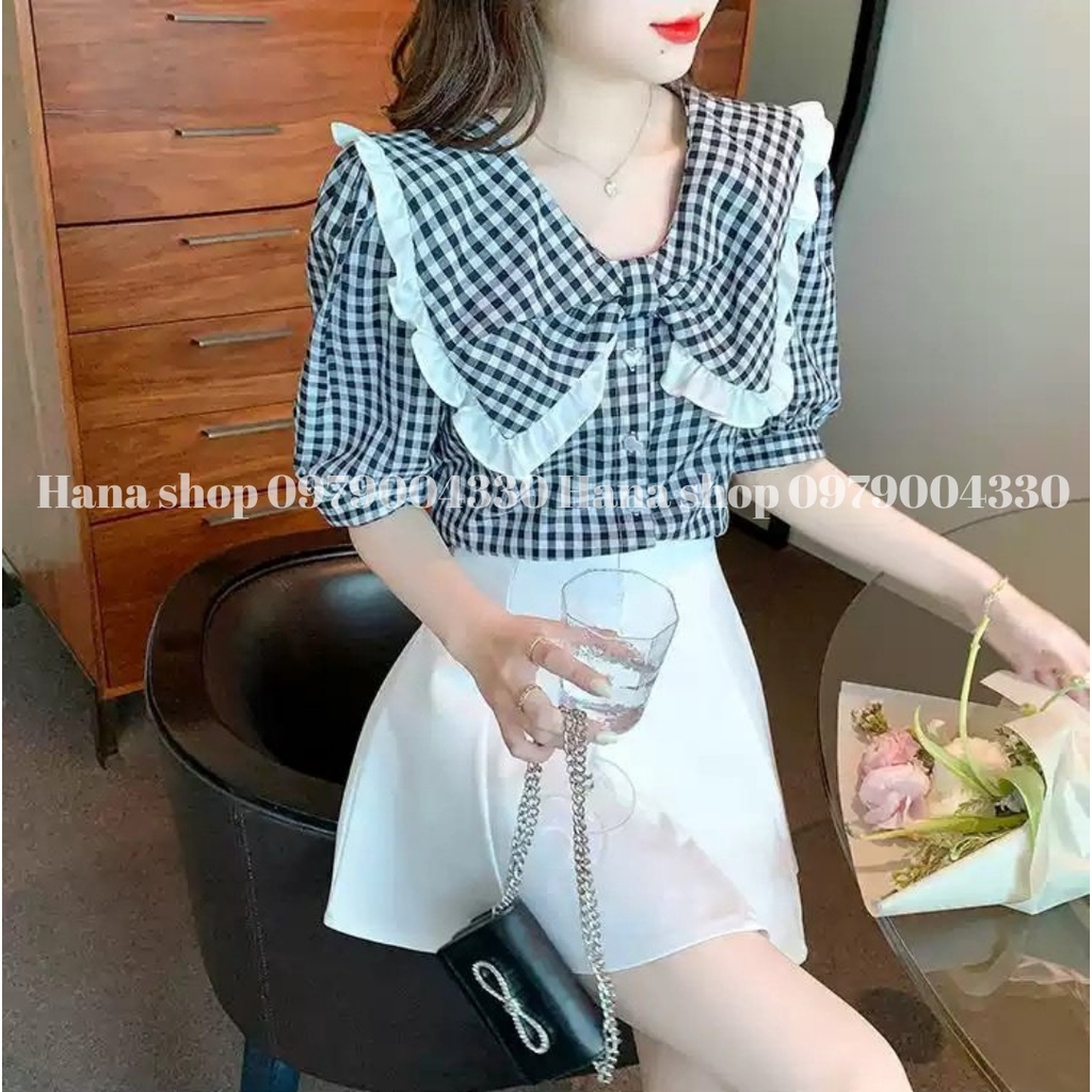 Áo sơ mi caro cổ bèo búp bê tay ngắn