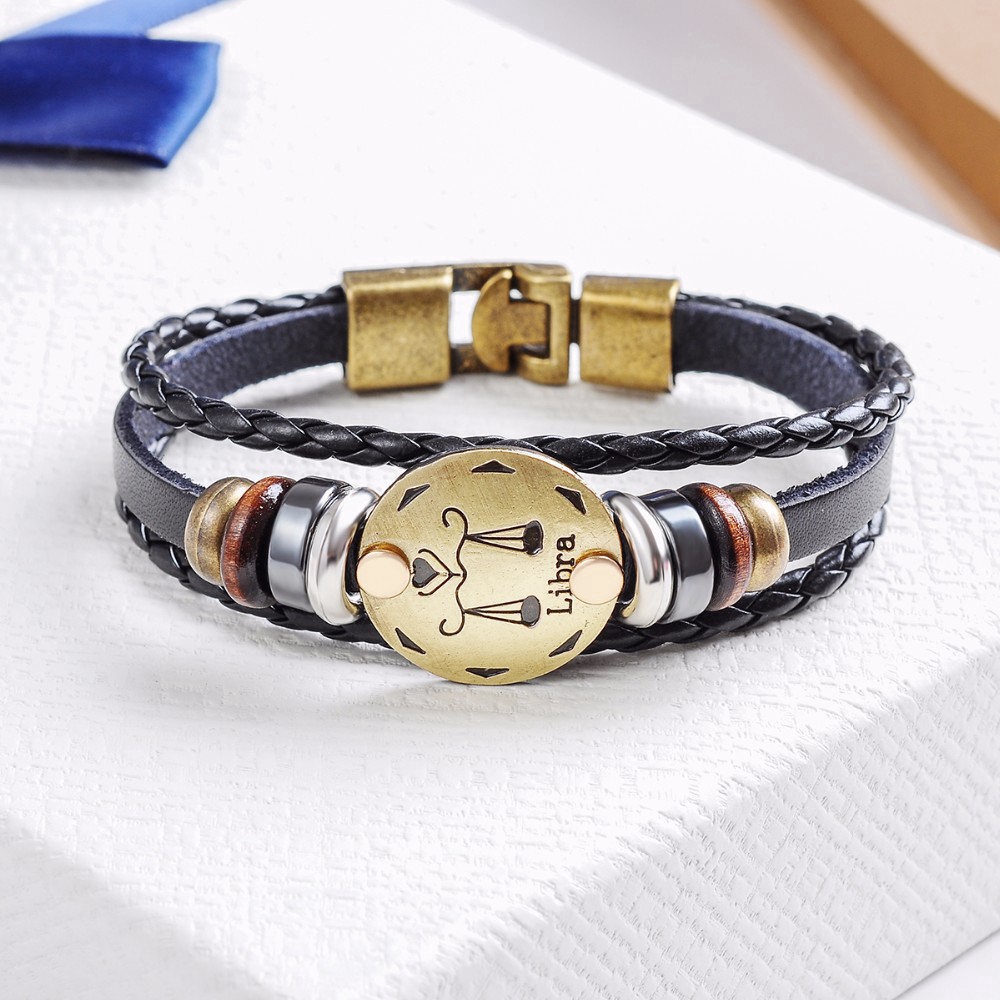 HANDMADE Vòng Tay Da Bò Đính Mặt Hình Cung Hoàng Đạo